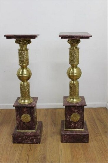 Pair Marble & Bronze Pedestals With Bronze Ormolu
