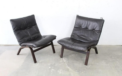 Pair Mid-Century Modern Black Leather Westnofa Chairs