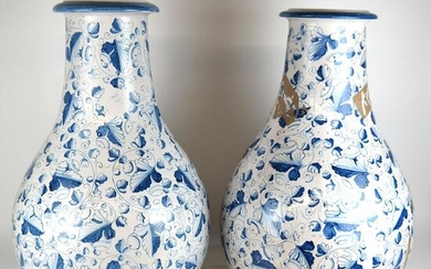 Pair Tall Blue & White Painted Ceramic Vases