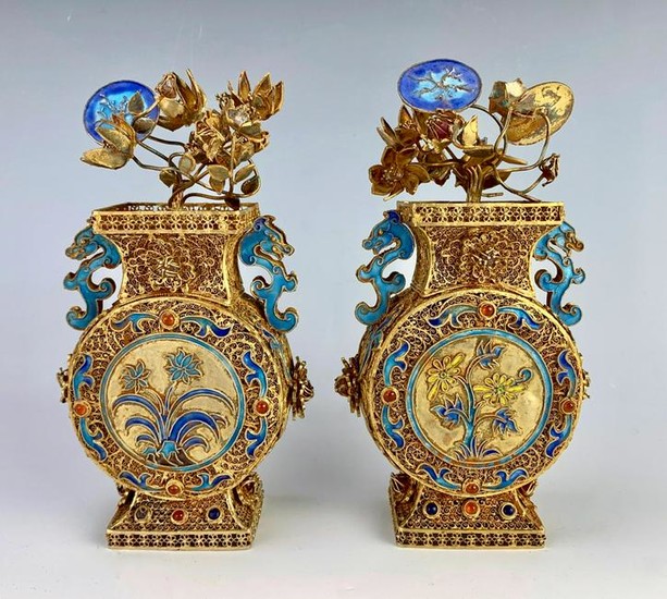 Pair of 19th C. Chinese Silver & Enamel Miniature Urns