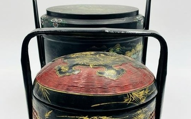 Pair of Asian Laquered Wood Multi-Tier Lunch Boxes, Hand-Painted