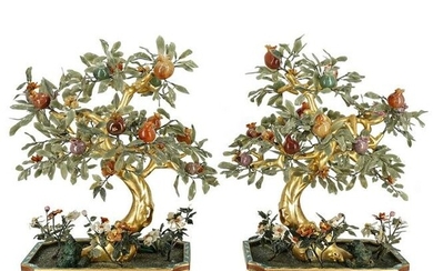 Pair of Chinese Jade & Agate Trees in Cloisonne