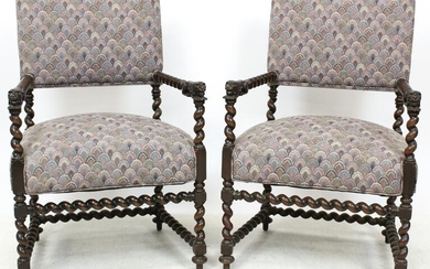 Pair of English Barley twist Carved Armchairs