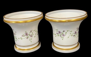 Pair of French Hand Painted Opaline Glass Pots