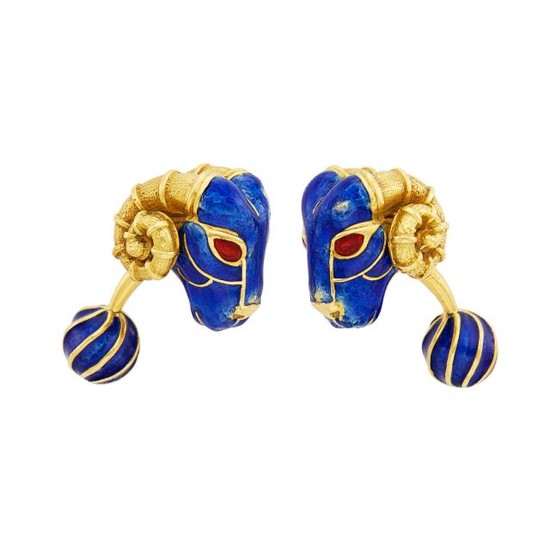 Pair of Gold and Blue Enamel Ram's Head Cufflinks, David Webb