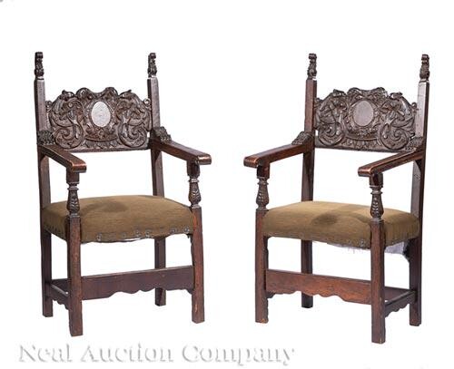 Pair of Italian Carved Walnut Hall Chairs