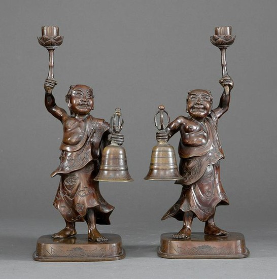 Pair of Japanese Bronze Figural Candle Holders