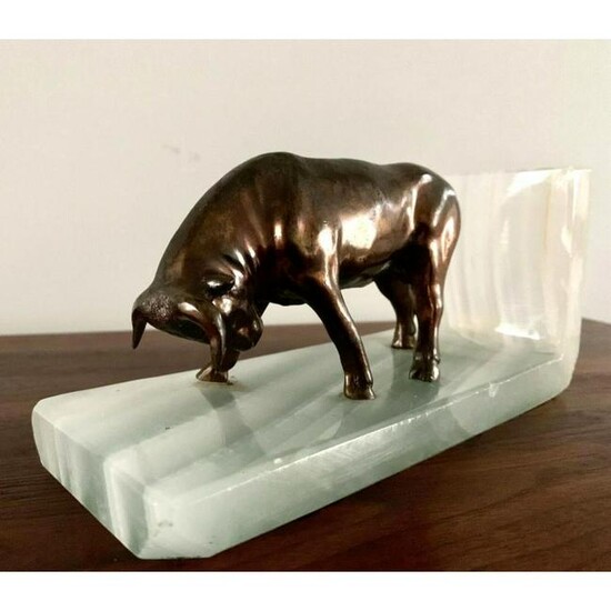 Pair of Vintage Bronze Alabaster Bull Bookends