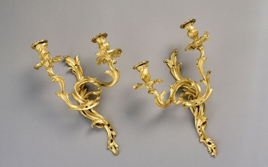 Paire d'appliques à deux bras de lumière en bronze doré et ciselé à décor de...