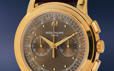 Patek Philippe, Ref. 5070J-010 A possibly unique and important yellow gold chronograph wristwatch with brown special luminous monogram dial with Breguet numerals, and Certificate of Origin, hang tag, and presentation box