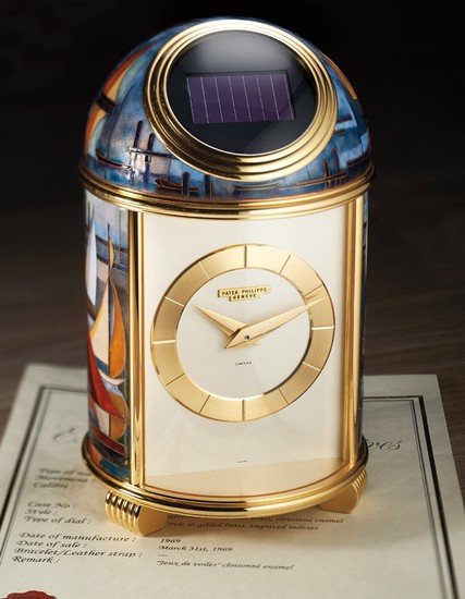 Patek Philippe, Ref. 766 An extremely fine and unique gilt brass solar power dome table clock with pocket watch movement and cloisonné enamel scene 'Jeux de Voiles' by Madame Luce Chappaz