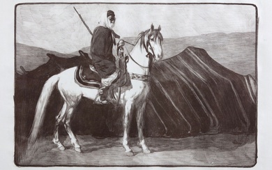 Paul JOUVE (1878-1973) Cavalier Arabe devant une tente. 1911. Lithographie originale sur papier Japon Grande...