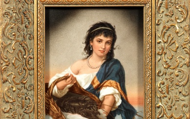 Peinture sur porcelaine "Jeune pêcheuse italienne" Plaque rectangulaire. Portrait de hanche d'une jeune fille souriante...
