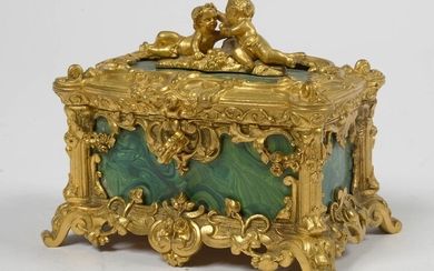 Petit coffret Napoléon III en bronze doré surmonté de "Putti" et orné de plaques peintes...