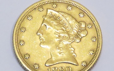 Pièce en or de 5 Dollars "Liberty Head Half Eagle", datée de 1880. Poids :...
