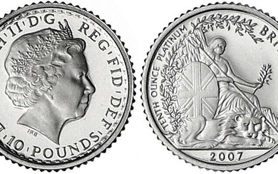 Pièces et médailles d'or étrangères, Grande-Bretagne, Elisabeth II, 1952-2022, 10 Pounds PLATIN 2007. 1/10 once...