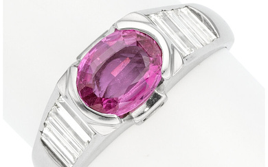 Pink Sapphire, Diamond, White Gold Ring Stones: Oval-shaped pink...
