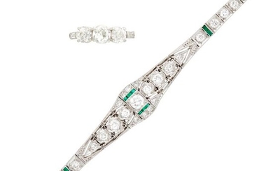 Platinum and Diamond Three Stone Ring and Platinum, Diamond and Emerald Bracelet