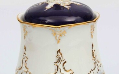 Porcelain untensil with a lid 20th century 30's. Meissen porcelain factory, Germany. Porcelain, guilding, cobalt. 23.5x14.5 cm