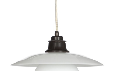 Poul Henningsen: “PH-3/2”. Pendant with brown bakelite sockethouse, mounted with one layer opal glass shades. Louis Poulsen. 1930s. Diam. 28.5 cm.