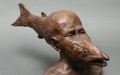R. Pollok Surrealist Fish & Man Clay Sculpture