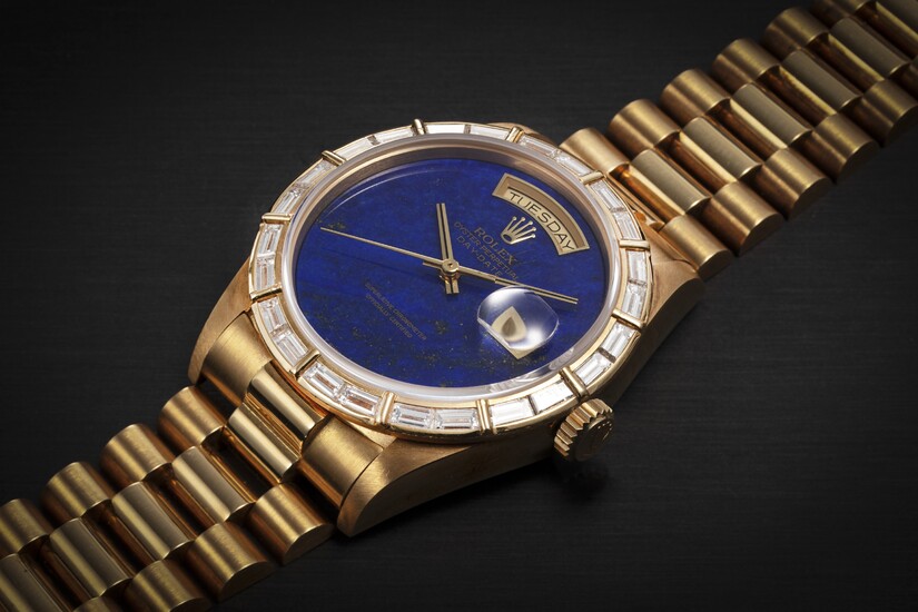 ROLEX, DAY-DATE REF. 18168 ‘DEEP BLUE’, A GOLD AND DIAMOND AUTOMATIC WRISTWATCH WITH LAPIS LAZULI DIAL