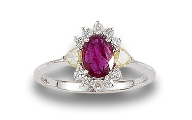 RUBY AND DIAMONDS ROSETTE RING, IN WHITE GOLD