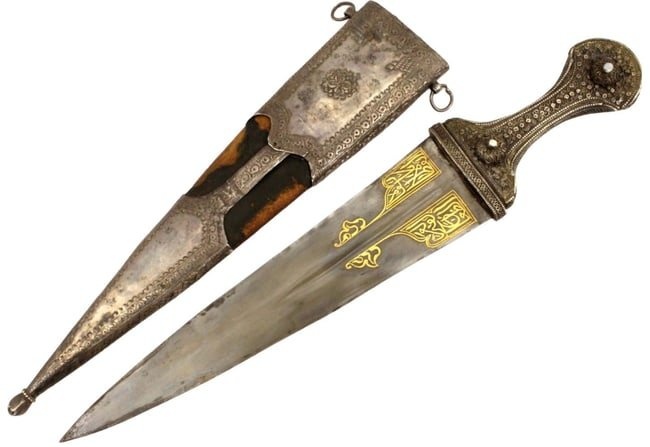 Rare 19th C. Islamic Arabic Yemen Straight JAMBIYA Dagger with Fine Gold Inlaid Broad Blade & Silver