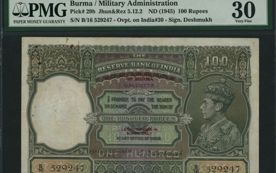 Reserve Bank of India, Military Administration of Burma, 100 Rupees, ND (1945), serial number B...