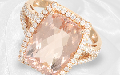 Ring: fine, modern, like new brilliant-cut diamond ring with large morganite of 6.5ct