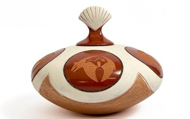 Russell Sanchez (San Ildefonso Pueblo, b. 1963) Redware Pottery Vessel with Shell Lid and Heishi