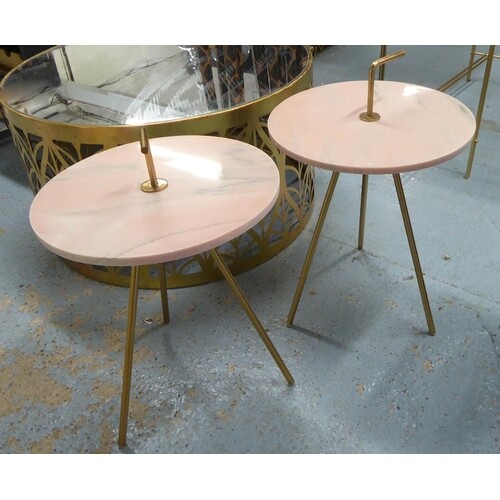 SIDE TABLES, a pair, vintage style, stone tops, with carry h...