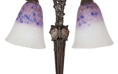 Schneider, Art Deco twin branch moths and gingko leaves table lamp, circa 1930, Mottled coloured glass and patinated wrought-iron, Faintly etched 'SCHNEIDER' to each of the glass shades, 38 cm high It is the buyer's responsibility to ensure that...