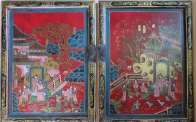 Set of 2 Antique Hand Painted Chinese Wood Panels, Ming Dynasty Motif