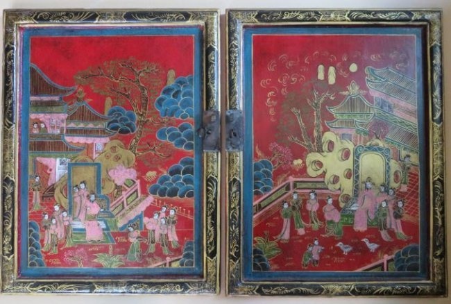 Set of 2 Antique Hand Painted Chinese Wood Panels, Ming Dynasty Motif