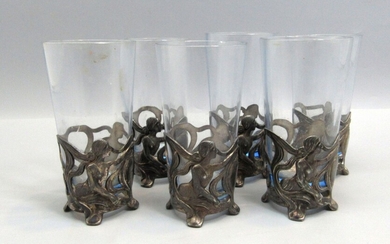 Set of 6 Art-Nouveau Pewter Cup Holders Made by A.K & Co