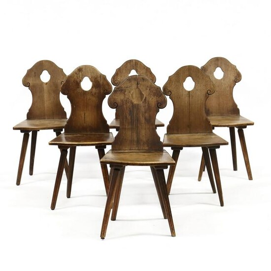 Set of Six Continental Style Walnut Plank Seat Chairs
