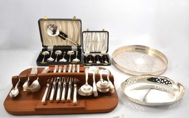 Set of silver spoons and other plated ware.