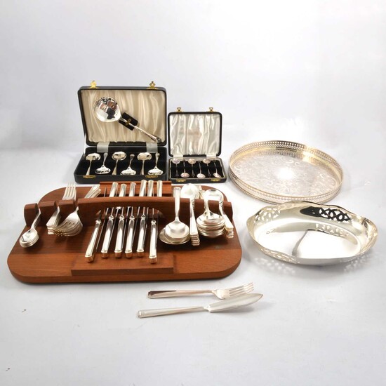 Set of silver spoons and other plated ware.