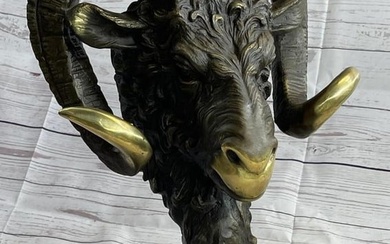 Signed Original Ram Head Bust Bronze Sculpture - 17" x 10"