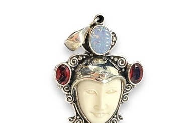 Silver Face Pendant w/Opal and Garnets