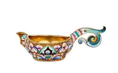 Silver Kovsh with painted enamels. Moscow, 20th artel. 1908-1917