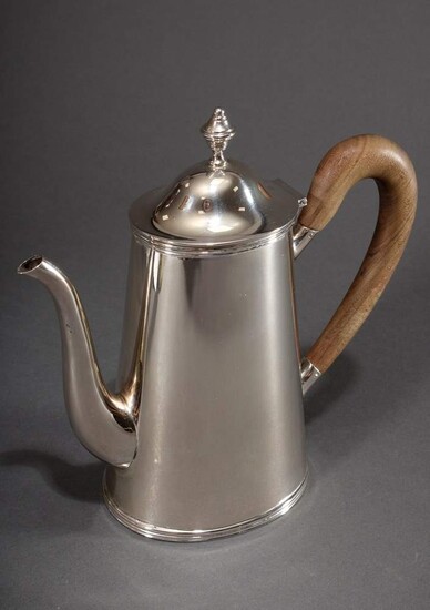 Simple Italian conical mocha pot with wooden handle, 20th century, silver 800, 555g, h. 22cm, slight pressure marks and scratches