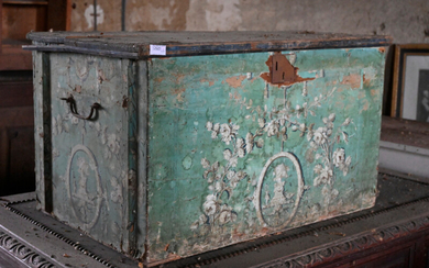 Small wooden transport trunk covered with wallpaper, late 18th century