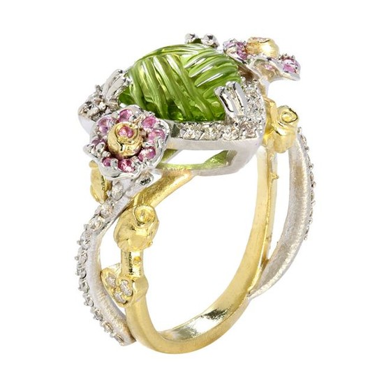 Stambolian Peridot and Pink Sapphire Floral Rose Ring