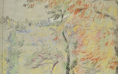 Piero Marussig (Trieste, 1879 - Pavia, 1937), Strada con alberi (fronte), Paesaggio (retro)