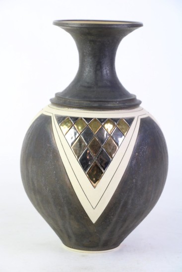 Studio Pottery Vase with Gilt Finishes & Cut Detailing, stamped to base, height 28cm