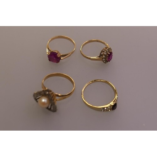 Synthetic ruby dress ring in unmarked yellow gold, gross wei...