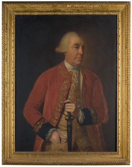 THOMAS HICKEY | PORTRAIT OF MAJOR GENERAL EDWARD SANDFORD (D. 1781), THREE-QUARTER-LENGTH, WEARING A RED COAT WITH BLACK CUFFS AND HOLDING A SWORD