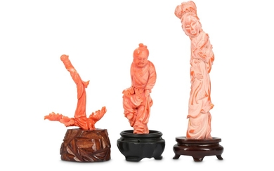 THREE CHINESE CORAL CARVINGS.